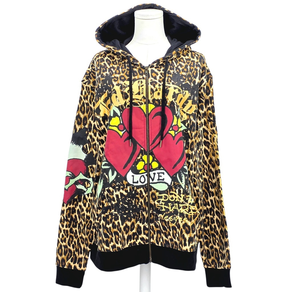 Ed Hardy Leopard Print Zip Hoodie with Red Heart Graphic